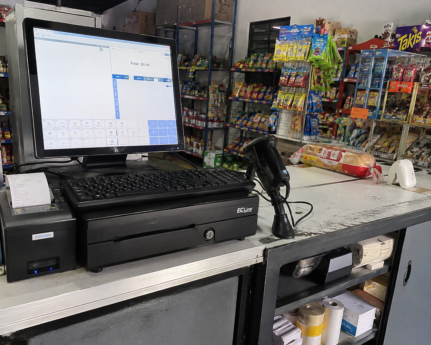 Punto de venta completo para tienda de abarrotes con impresora de tickets, escáner y caja